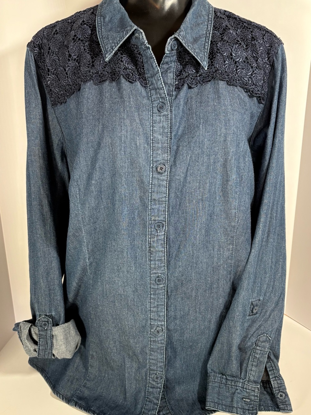 Christopher & Banks Indigo Denim Button-Down with Navy Crochet Yoke